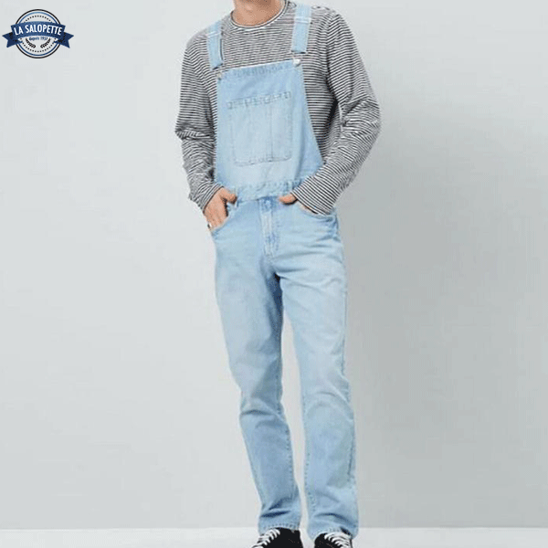 Salopette di Jeans Azzurro Strappato Crudo